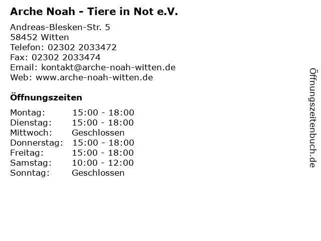 ffnungszeiten Arche Noah Tiere in Not e.V. Andreas